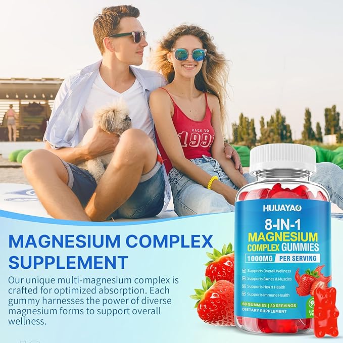 Magnesium Complex Gummies for Women Men 8 in 1, Magnesium Glycinate, Citrate, Malate, Taurate, Supports Bones, Muscle, Nerve Health, Sugar-Free, Vegan Non-GMO, Strawberry Flavor, 120 Count
