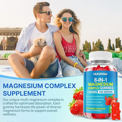 Magnesium Complex Gummies for Women Men 8 in 1, Magnesium Glycinate, Citrate, Malate, Taurate, Supports Bones, Muscle, Nerve Health, Sugar-Free, Vegan Non-GMO, Strawberry Flavor, 120 Count