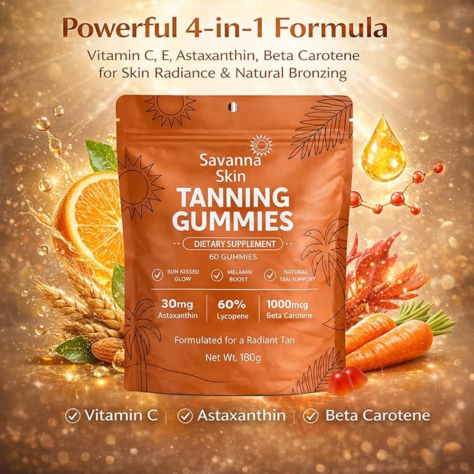 Savanna Skin Tanning Gummies, with Vitamin C & E, Astaxanthin, Beta Carotene, Skin Radiance & Hydration for Natural Looking Glow, Bronzing, Non-GMO, Vegan & Sugar Free - 60 Count (1)