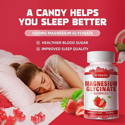 Magnesium Glycinate Gummies 1000mg with Magnesium L-Threonate,Chelated Magnesium Potassium Complex Supplement with VitD, B6, CoQ10, Calcium,Supports for Memory, Calm, Mood - 90 Gummies Strawberry