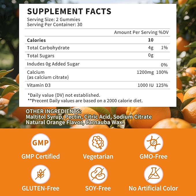 (3 Pack)Calcium Citrate 1200mg with Vitamin D3 Gummies for women & Men，Calcium Citrate Supplement for Bone & Teeth Support,High Absorption-Easy to Digest, Sugar Free,Vegan,Orange Flavor,90 Day Supply