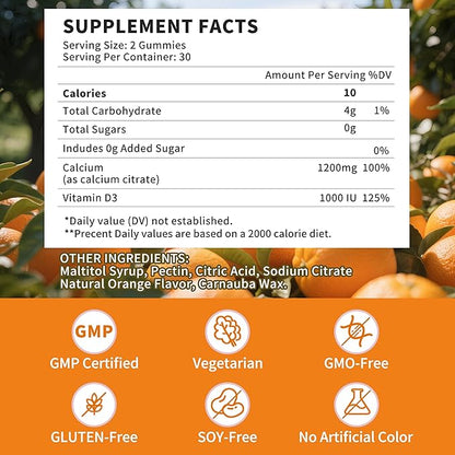 (3 Pack)Calcium Citrate 1200mg with Vitamin D3 Gummies for women & Men，Calcium Citrate Supplement for Bone & Teeth Support,High Absorption-Easy to Digest, Sugar Free,Vegan,Orange Flavor,90 Day Supply