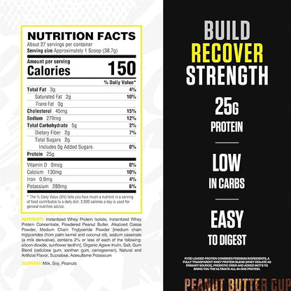 RYSE Loaded Protein Powder - Peanut Butter Cup - 25g Whey Protein Isolate & Concentrate with Prebiotic Fiber & MCTs - Low Carb, Low Sugar, Digestive-Friendly - 27 Servings / 2 lb Tub