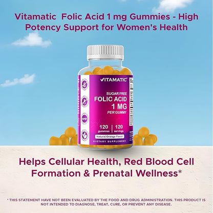 Vitamatic Folic Acid Gummies 1000 mcg (1 mg) - an Essential Prenatal Vitamins for Mom & Baby - Vitamin B9-120 Vegan Gummies (1)