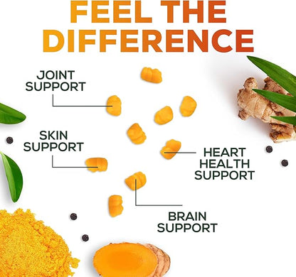 Turmeric Curcumin Supplement Gummies - 95% Curcuminoids with Turmeric & Ginger, Black Pepper for Best Absorption, Nature's Vegan Joint Support, Non-GMO, Gluten Free, Tasty Peach Flavor - 60 Gummies
