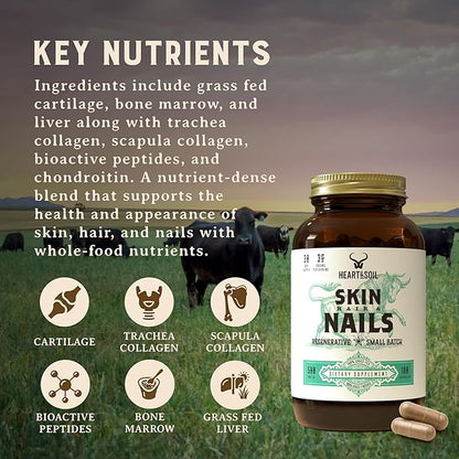 Heart & Soil – 100% Grass Fed & Finished Hair Skin and Nails Supplement from Regenerative Cattle with Cartilage, Liver, & Bone Marrow – 3000mg Beef Organs for Women & Men – Glass Bottle – 180 Capsules