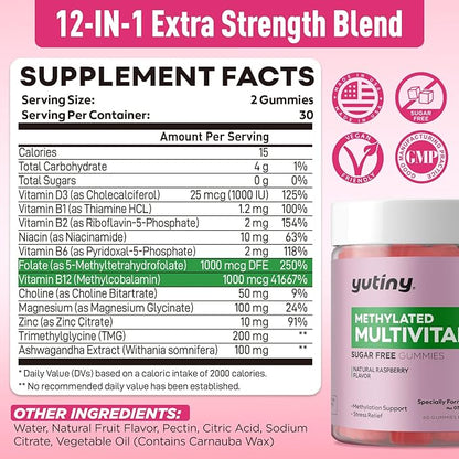 Methylated Multivitamin for Women Gummies, Methyl B Complex Vitamins with D3 Zinc Choline TMG for Energy & Nervous System, Vegan, Sugar Free, 60 Count