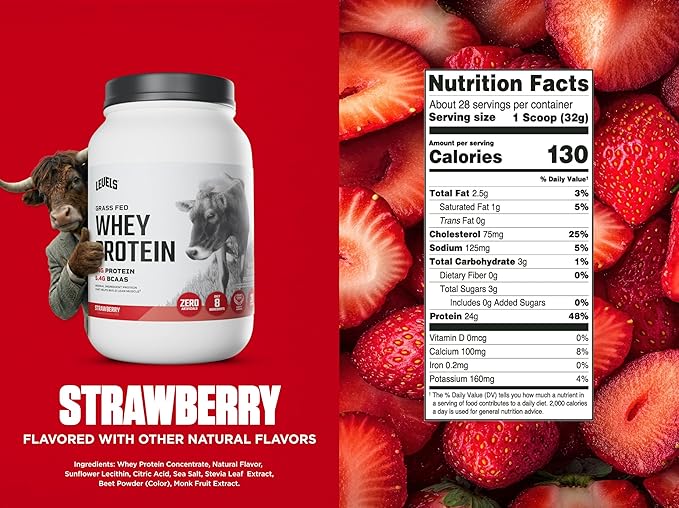 Levels Grass Fed Whey Protein Powder, No Artificials, 24G of Protein, Strawberry, 2LB