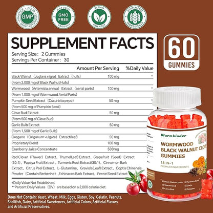 18-in-1 Wormwood Black Walnut Clove Gummies for Adults,Liver Support,with Pumpkin Seed Oil,Rapid Gut Cleanse & Digestive Health with Clove,Garlic,Turmeric,Oregano,Cranberry Extract