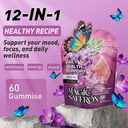 BUTTERFLY'S TEAR Magic Saffron Gummies | 12-in-1 Daily Health Support | Mixed Berry Flavor | Mood, Gut & Metabolism, Mind & Body, Energy Support | 60 Gummies Dietary Supplement