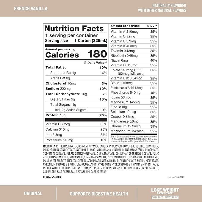 SlimFast Meal Replacement Shake, Original French Vanilla, No Added Sugar, Meal Replacement Shakes, 10g Ready to Drink Protein, 5g Fiber, 25 Vitamins and Minerals, 11 Fl. Oz, 12 Count