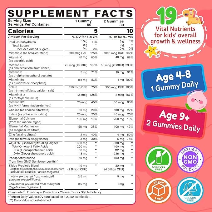 Kids Multivitamin Gummies + Iron, Omega 3, Probiotic, Fiber, Vitamins A C D3 E, K2, Methylfolate, Calcium, Choline, Kids Vitamins Multivitamin for Growth, Immune, Bone, Brain, Focus, No Sugar, 60 Cts