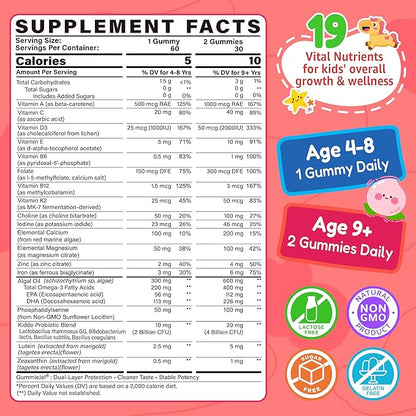 Kids Multivitamin Gummies + Iron, Omega 3, Probiotic, Fiber, Vitamins A C D3 E, K2, Methylfolate, Calcium, Choline, Kids Vitamins Multivitamin for Growth, Immune, Bone, Brain, Focus, No Sugar, 60 Cts