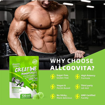 NSF Certified Creatine Gummy - Creatine Monohydrate Gummies 5000mg for Men & Women -120 Gummies Advanced Formula, Muscle Strength, Muscle Builder, Energy Boost, Pre-Workout Supplement-Apple