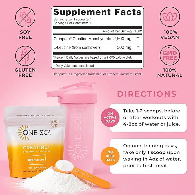 One Sol Creatine for Women, All Natural Women’s Creatine Powder w Creapure & Leucine, Increase Lean Muscle Mass, Reduce Recovery Time, Promotes Brain & Bone Health (Unflavored, 60 Servings)