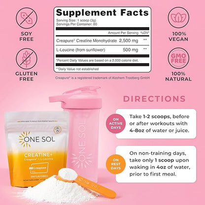One Sol Creatine for Women, All Natural Women’s Creatine Powder w Creapure & Leucine, Increase Lean Muscle Mass, Reduce Recovery Time, Promotes Brain & Bone Health (Unflavored, 60 Servings)