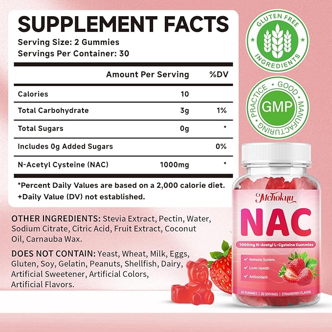 NAC Gummies for Adults & Kids 1000mg Per Serving, NAC Supplement N-Acetyl Cysteine for Immune, Glutathione & Antioxidant Support, Sugar-Free Vegan Strawberry Flavor, 60 Count