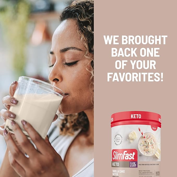 SlimFast Keto Meal Replacement Powder, Keto Meal Replacement Shake, Low Carb, Whey Protein, Collagen Protein, Grass Fed Butter, Weight Loss Shakes Powder, Gluten Free, Vanilla Cake Batter, 10 Servings