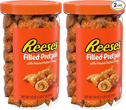 Reese's Filled Pretzels,Peanut Butter Pretzel Nuggets,Crunchy,Ready to Eat,Sweet and Salty Snack,18oz Jar,(Pack of 2)