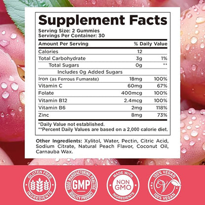 Iron Supplement for Women - Iron Gummies with Vitamin B6, B12, C, Zinc, Folate for Adults & Kids - Support Blood Builder, Iron Deficiency, Anemia, Energy Boost - Sugar Free 60ct Peach Flavor