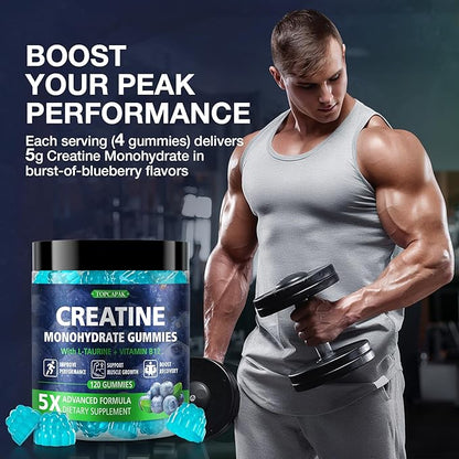 Creatine Gummies for Men & Women - Chewable Creatine Monohydrate Gummies with Taurine & Vitamin B12, 5g Creatine per Serving, Blueberry Flavor, Raspberry-Shaped - 120 Count
