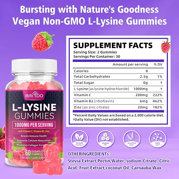 L-Lysine 1000mg Gummies for Immune Support & Skin Health - High Potency Vegan, Sugar-Free, Gluten-Free Supplement with Natural Raspberry Flavor for Adults & Kids - 120 Gummies