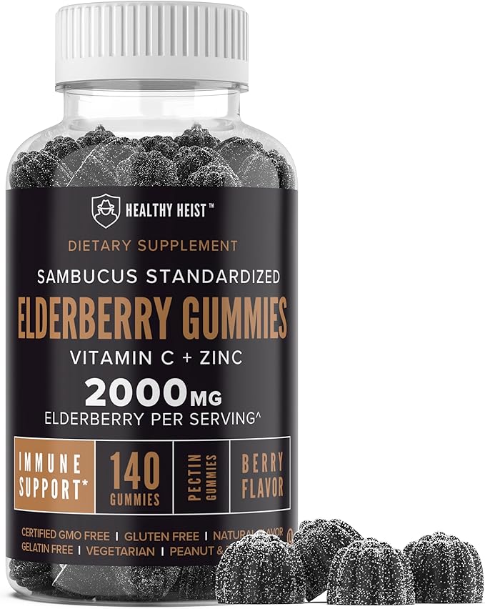 Sambucus Black Elderberry Gummies with Zinc and Vitamin C by Healthy Heist, 140 Gummies, Chewable Immune Support for Adults and Kids, Non GMO, Kosher, Pectin, Vegan, Delicious Berry Flavor