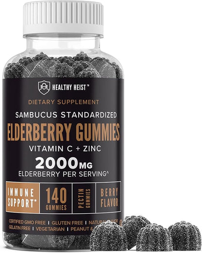 Sambucus Black Elderberry Gummies with Zinc and Vitamin C by Healthy Heist, 140 Gummies, Chewable Immune Support for Adults and Kids, Non GMO, Kosher, Pectin, Vegan, Delicious Berry Flavor