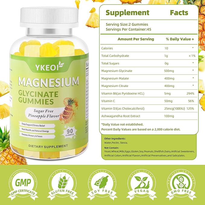 90 CT Magnesium Glycinate Gummies 500 mg with Ashwagandha,Sugar Free Magnesium Supplement Triple Magnesium Complex with Citrate,Malate,Vitamin C D3 B6,for Women and Men Kids Sleep Relaxation
