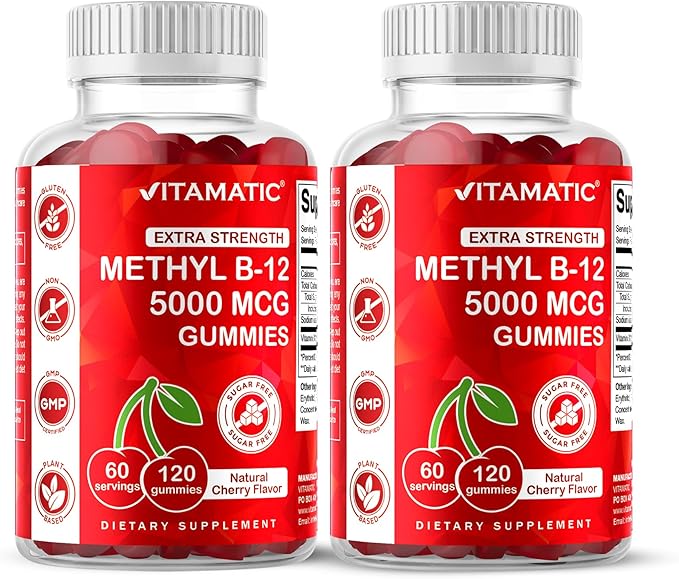 Vitamatic 2 Packs Extra Strength Vitamin B12 5000 mcg (Methyl B12) Gummies - 120 Count - Energy Metabolism Support and Nervous System Health Support, Natural Cherry Flavored