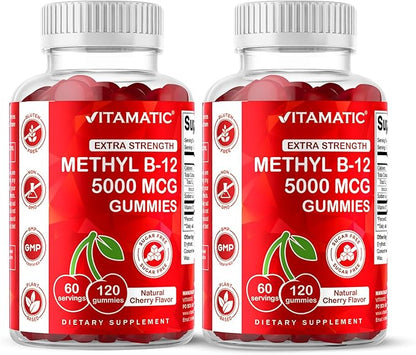 Vitamatic 2 Packs Extra Strength Vitamin B12 5000 mcg (Methyl B12) Gummies - 120 Count - Energy Metabolism Support and Nervous System Health Support, Natural Cherry Flavored