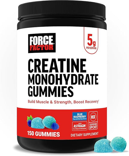 Force Factor Creatine Monohydrate Gummies, NSF Certified, 5g Dose for Men & Women to Support Muscle, Strength, Recovery, Cognitive Health & Memory, Packaging May Vary, Blue Raspberry, 150 Gummies