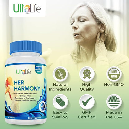 UltaLife Her Harmony Menopause Supplements for Women - Hot Flashes Menopause Relief & Hormone Balance for Women - Contains Black Cohosh, Dong Quai, Red Clover & More - Estrogen Free - 60 Capsules