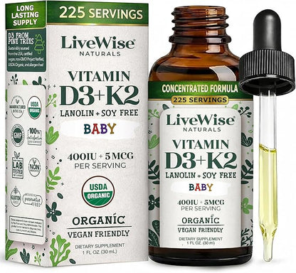 Live Wise Naturals Vitamin D3 K2 Drops for Babies - Concentrated Formulation, 225 Servings at 400 IU, 5 MCG (MK-7), Micro-Dose Dropper, Gentle Daily Supplementation, Early Development & Precise Dosing
