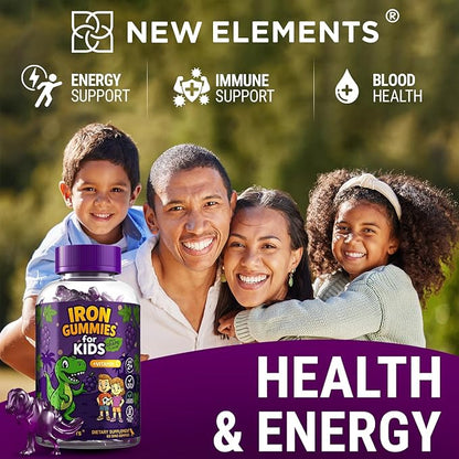 Iron Dinosaur Gummies for Kids with Vitamin C | Sugar-Free, Vegan, Gluten-Free & Non-GMO | Anemia Relief, Energy & Blood Health Support | Grape Flavor, Pectin-Based for Optimal Health