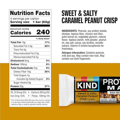 KIND Protein MAX Sweet & Salty Caramel Peanut Crisp Snack Bars, 20g of Protein, Keto Friendly, 1g of Sugar Per Bar, Gluten Free, 4 Count Box