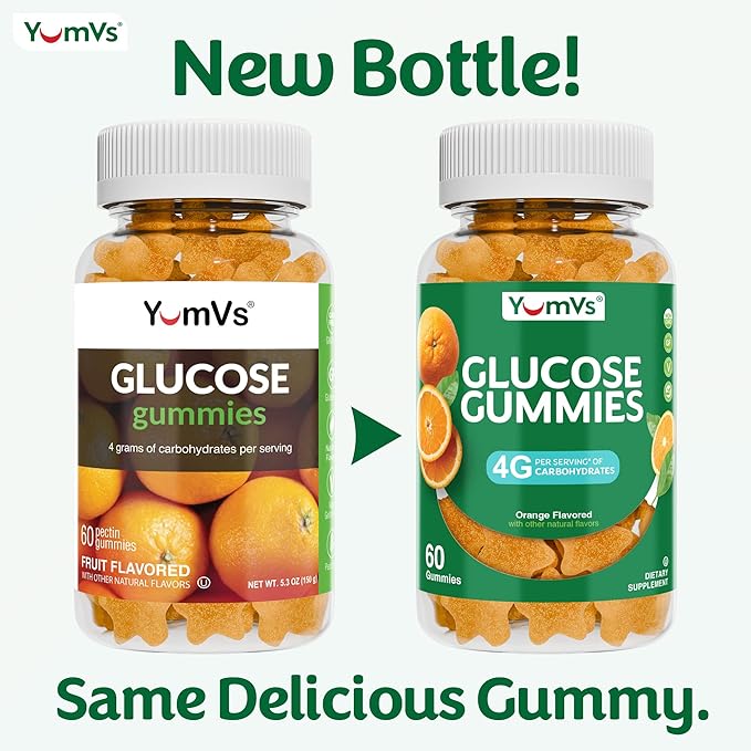 YUM-V'S Glucose Gummies – Fast Acting Glucose Chewable Gummies – Great Tasting – Gluten Free, Vegan, Non-GMO – Orange Natural Flavor – 60 Chewable Gummy for Adults & Kids