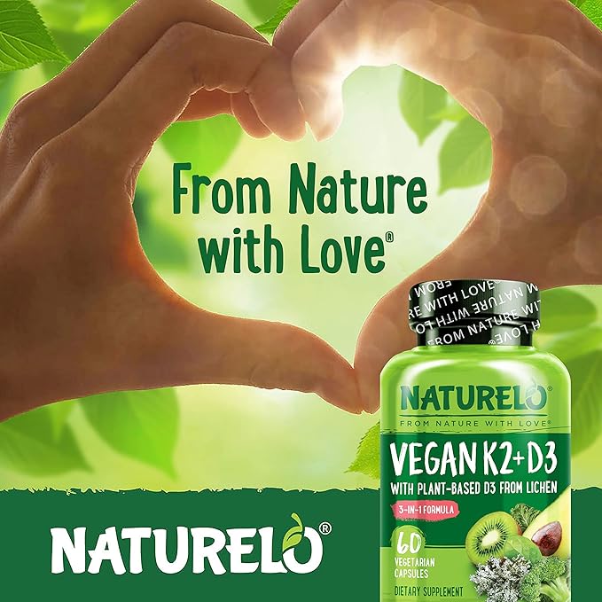 NATURELO Vitamin D3 K2 - Vegan with Plant Based D3 from Lichen - Natural Supplement for Immune System, Bone Support, Heart Health - Whole Food - Non-GMO - Gluten Free, 60 Capsules
