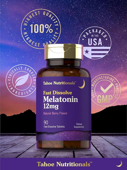 Tahoe Nutritionals Melatonin 12mg Fast Dissolve Tablets | 90 Pills | Berry Flavored Supplement for Adults | Vegetarian, Non-GMO, Gluten Free