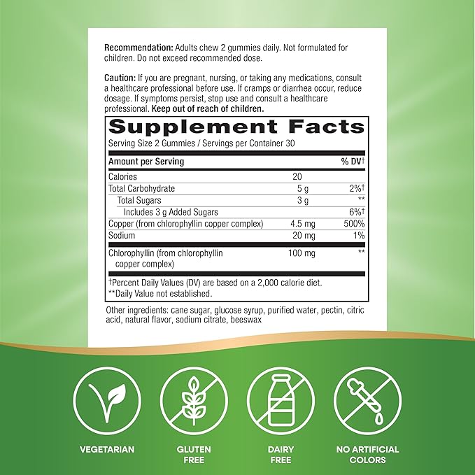Nature's Way Chlorofresh Chlorophyll Gummies, Supports Healthy Skin and Body Detox*, Internal Deodorant*, Orchard Fruit Flavored, 60 Gummies, (Pack of 2)