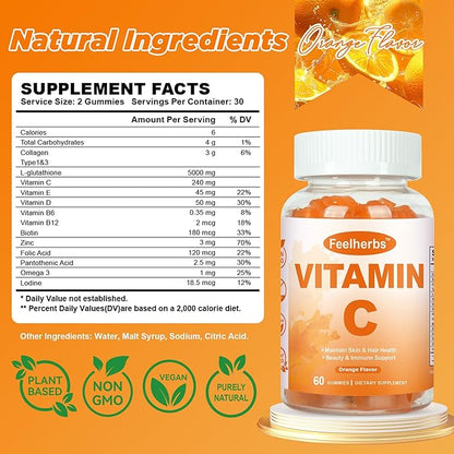 Chewable Vitamin C Gummies 240mg, Natural Orange Flavor Vitamin C for Adults Energy & Immune Support with Collagen, Glutathione, Zinc & Omega-3, 60 Counts