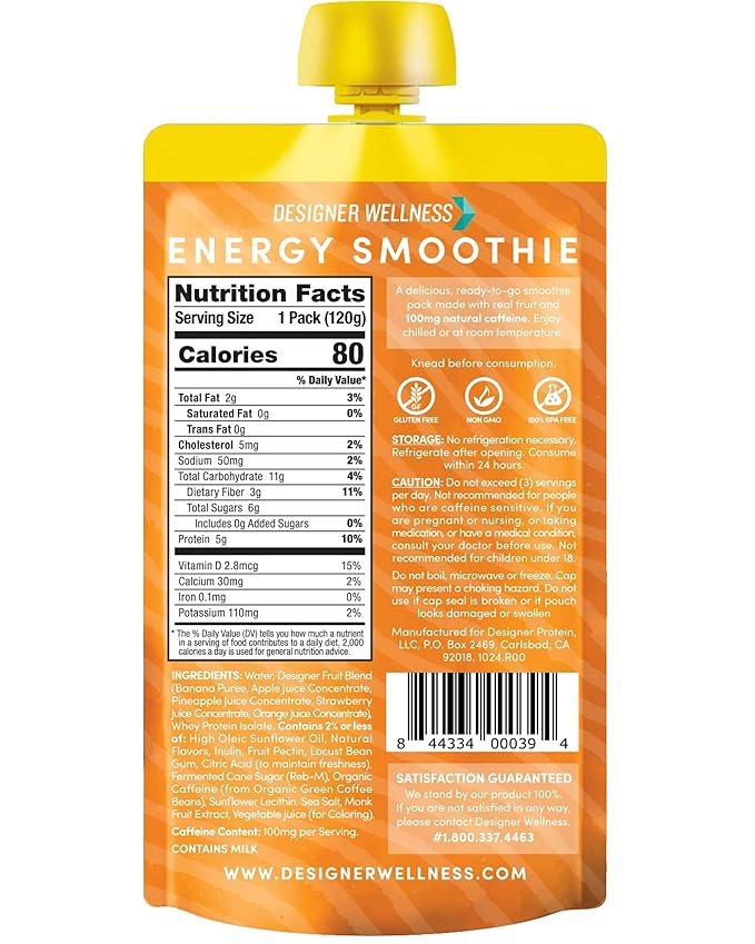 Designer Wellness Energy Smoothie, Real Fruit, 100mg Natural Caffeine, 5g Protein, Low Carb, Zero Added Sugar, Gluten-Free, Fruit Punch, 12 Count