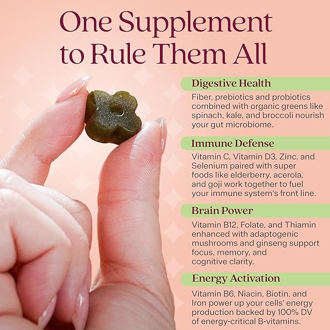 Rizz Low Sugar Green Gummies - 60+ Superfoods 6g Fiber - Prebiotic and Probiotic Gummies - Vegan Multivitamins for Women & Men - Gluten Free - Mushroom, Fruit and Vegetable Supplements - 30 Day Supply