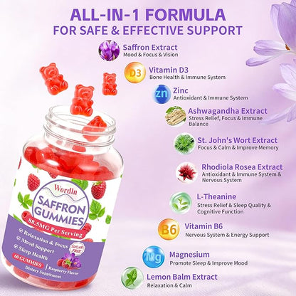 Saffron Gummies for Adults & Kids, Saffron Supplements with 88.5mg Saffron Extract, Ashwagandha, L-Theanine for Relaxation, Focus and Mood Support, Sugar Free, 60 Count