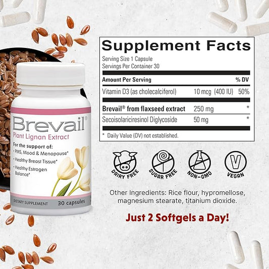 Brevail Plant Lignan Extract Capsules, Proactive Breast Health Supplement with 50 mg SDG Lignans from Flax Seed Hulls for Healthy Estrogen Balance and PMS Mood Support Pills, 30 Count