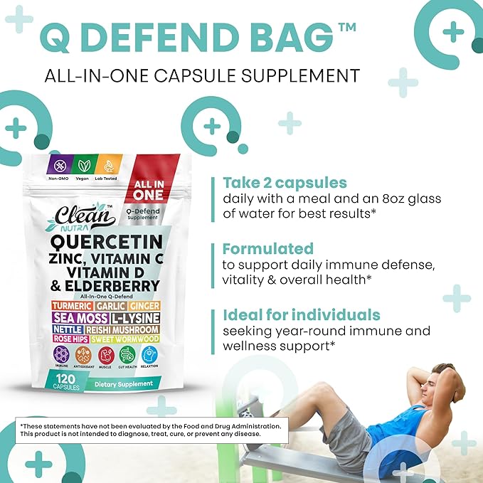 Q Defend Quercetin Supplement with Zinc Vitamin C Vitamin D Elderberry Turmeric Black Pepper Garlic Ginger Sea Moss Lysine Stinging Nettle Reishi Mushroom Immune Support 120 Capsules by Clean Nutra