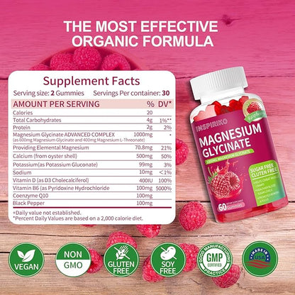 Magnesium Glycinate Gummies 1000mg - Sugar-Free Magnesium Potassium Supplement with Vitamin D, B6, CoQ10 for Adults & Kids,High Absorption for Calm Mood & Sleep Support - 60 Raspberry Gummies