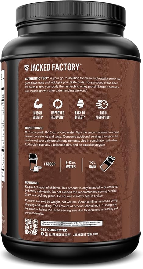 Jacked Factory Authentic ISO Whey Protein Isolate Powder - Low Carb, Non-GMO Muscle Building Protein w/No Fillers, Post Workout Recovery - 30 Servings, Chocolate