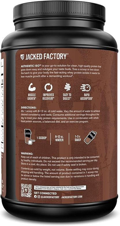Jacked Factory Authentic ISO Whey Protein Isolate Powder - Low Carb, Non-GMO Muscle Building Protein w/No Fillers, Post Workout Recovery - 30 Servings, Chocolate