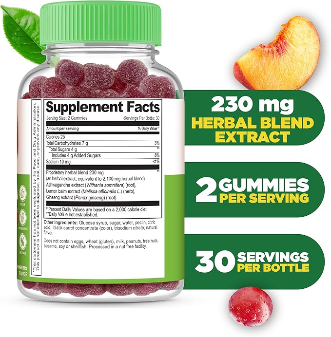 Lifeable Ashwagandha Gummies with Lemon Balm & Ginseng | Vegan Non GMO Ashwagandha Supplement | for Women and Men | 60 Gummies